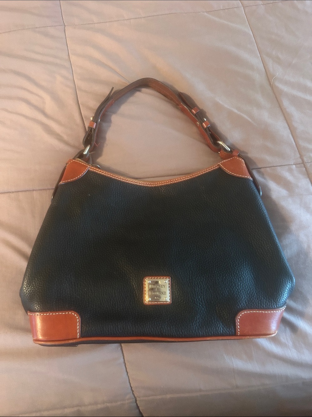 Dooney & Bourke Black Leather Shoulder Bag with Brown Trim